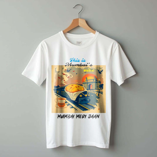 Mumbai Meri Jaan White T-Shirt | Local Train & Vada Pav Design for Mumbai Lovers - Bolitee.in